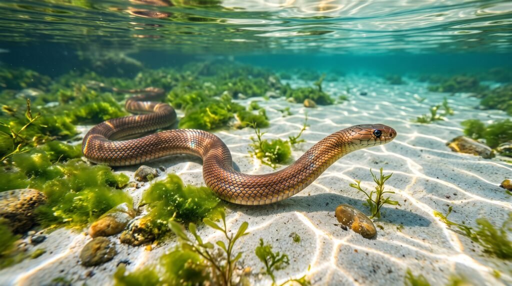 Cobra nadando em água cristalina simbolizando purificação emocional e fluxo livre de sentimentos