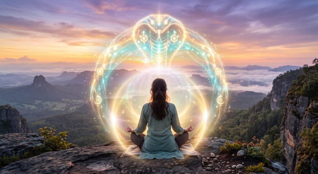 Pessoa meditando com aura de proteção espiritual e arco de cobra de energia de cura