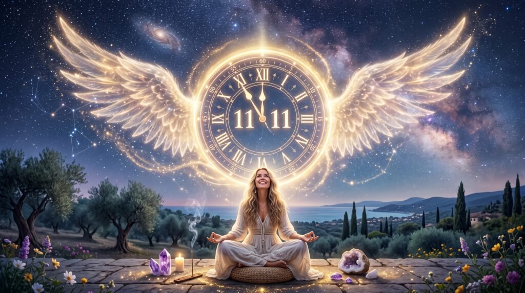Relógio mostrando 11:11 com elementos celestiais e iluminação mística representando sincronicidade e anjos
