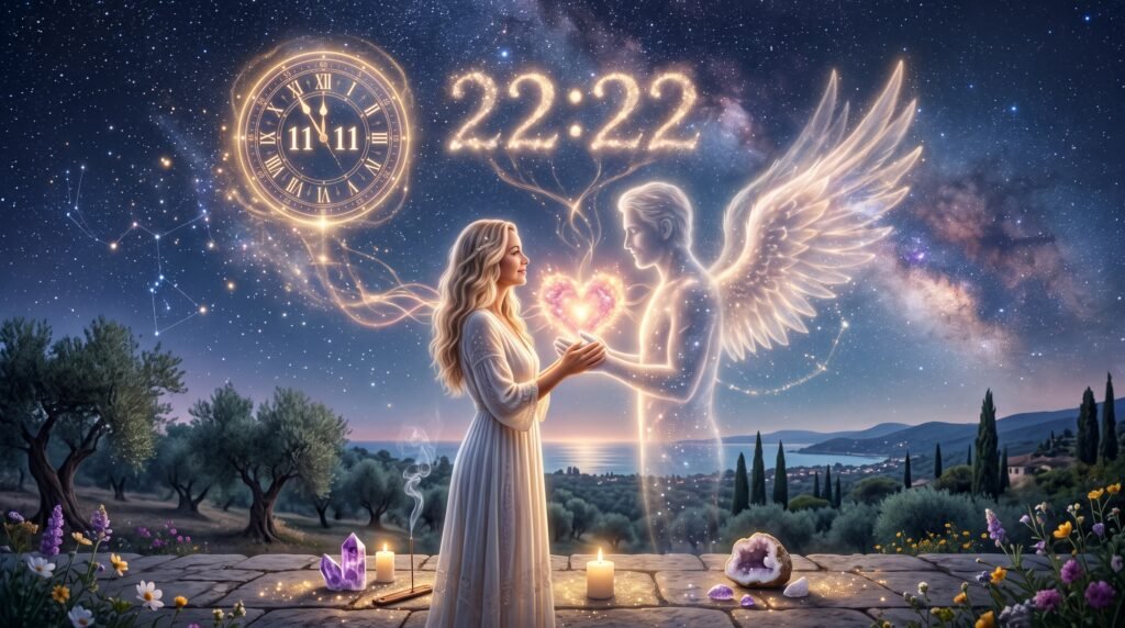 Representação mística de energia luminosa e amor espiritual simbolizando o significado de horas iguais no amor