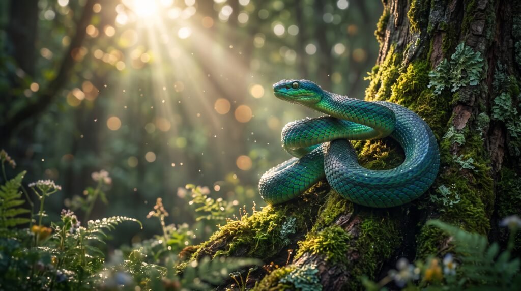 Serpente mística na natureza simbolizando renovação e conexão espiritual.