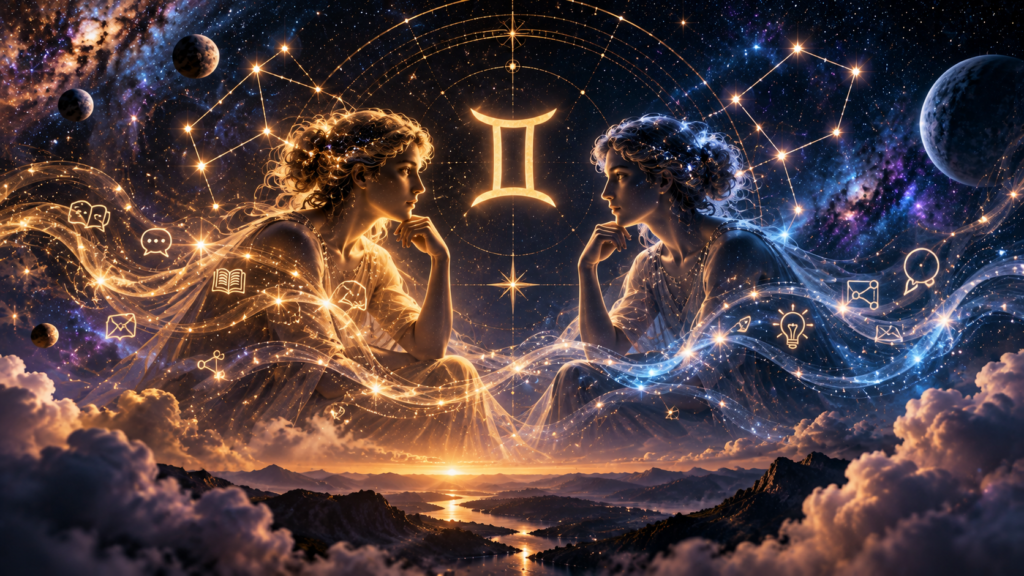 Símbolo de Gêmeos entre duas figuras celestiais cercadas pela constelação e elementos de comunicação