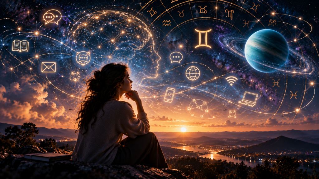 Pessoa contemplando uma rede de comunicação e tecnologia sob um céu com símbolos astrológicos