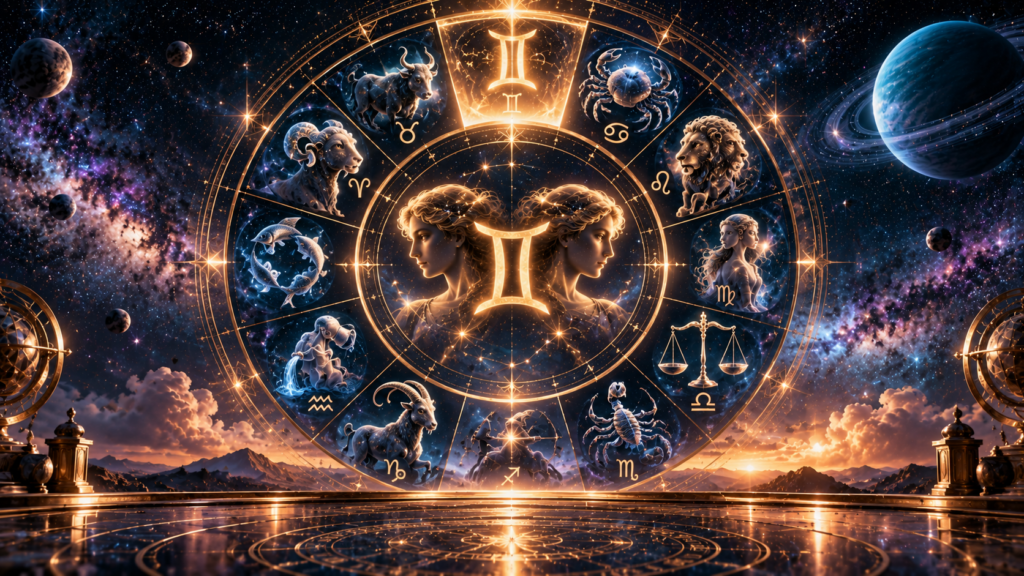 Roda zodiacal com os 12 signos e Gêmeos destacado no centro da composição