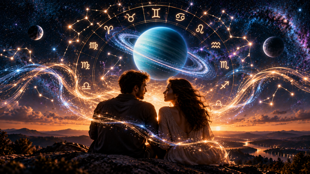 Casal sob um céu estrelado com Urano e símbolos do zodíaco ao fundo