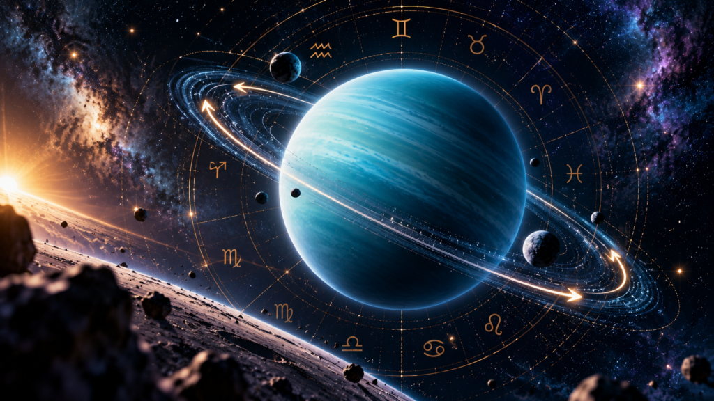 Planeta Urano em movimento retrógrado cercado por estrelas, órbitas luminosas e símbolos do zodíaco