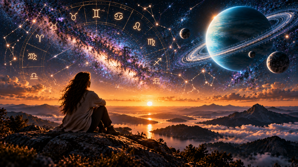 Pessoa contemplando montanhas e um céu estrelado com Urano e símbolos do zodíaco ao fundo
